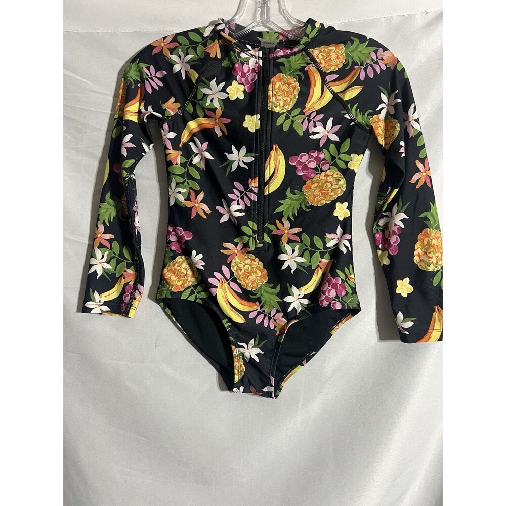 Old Navy Girls Swimsuit Large 10-12 Black Fruit Floral Zip Front Rash Guard